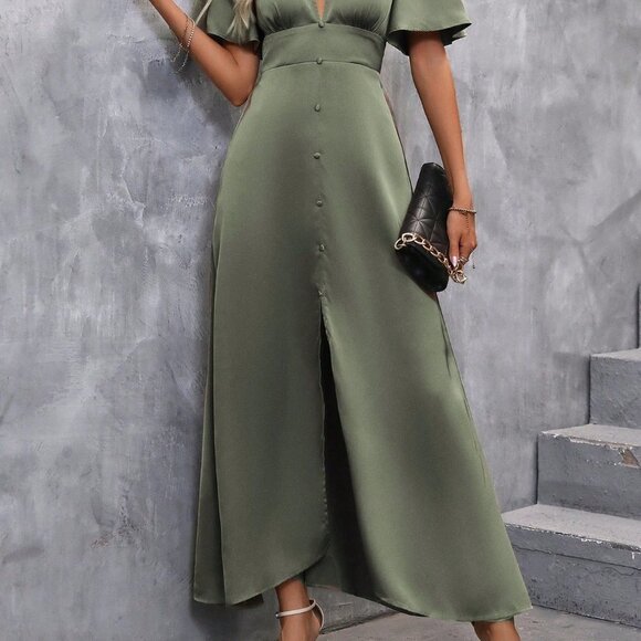 Army Green Preppy Womens Plunging Neck Butterfly Sleeve Split Thigh Satin Dress - Picture 3 of 4